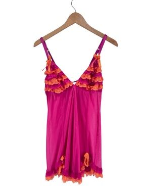 Cacique NWT Pink Orange Ruffle Babydoll Chemise Set 18/20 Lingerie Thong
